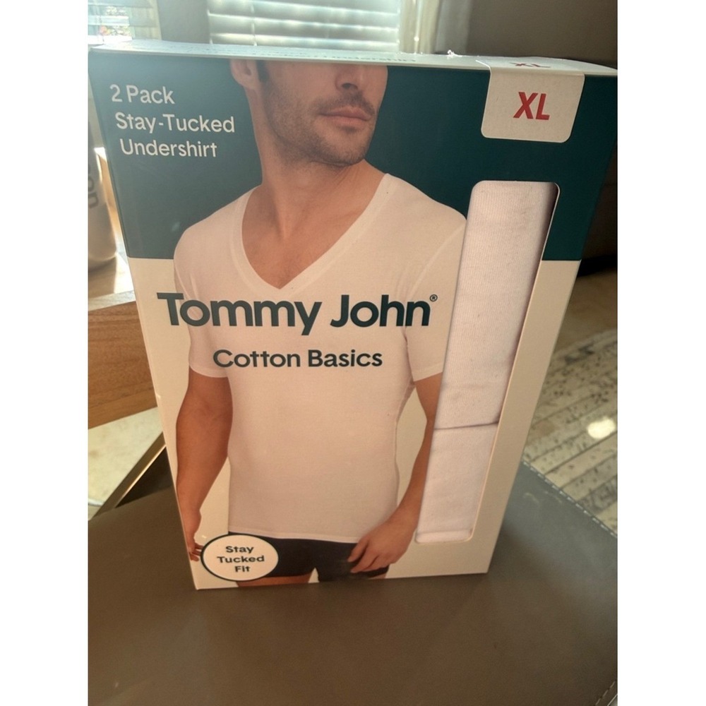 Tommy John Stay-Tucked Undershirt 2 Pack XL White Deep V-Neck Cotton Basics NIB